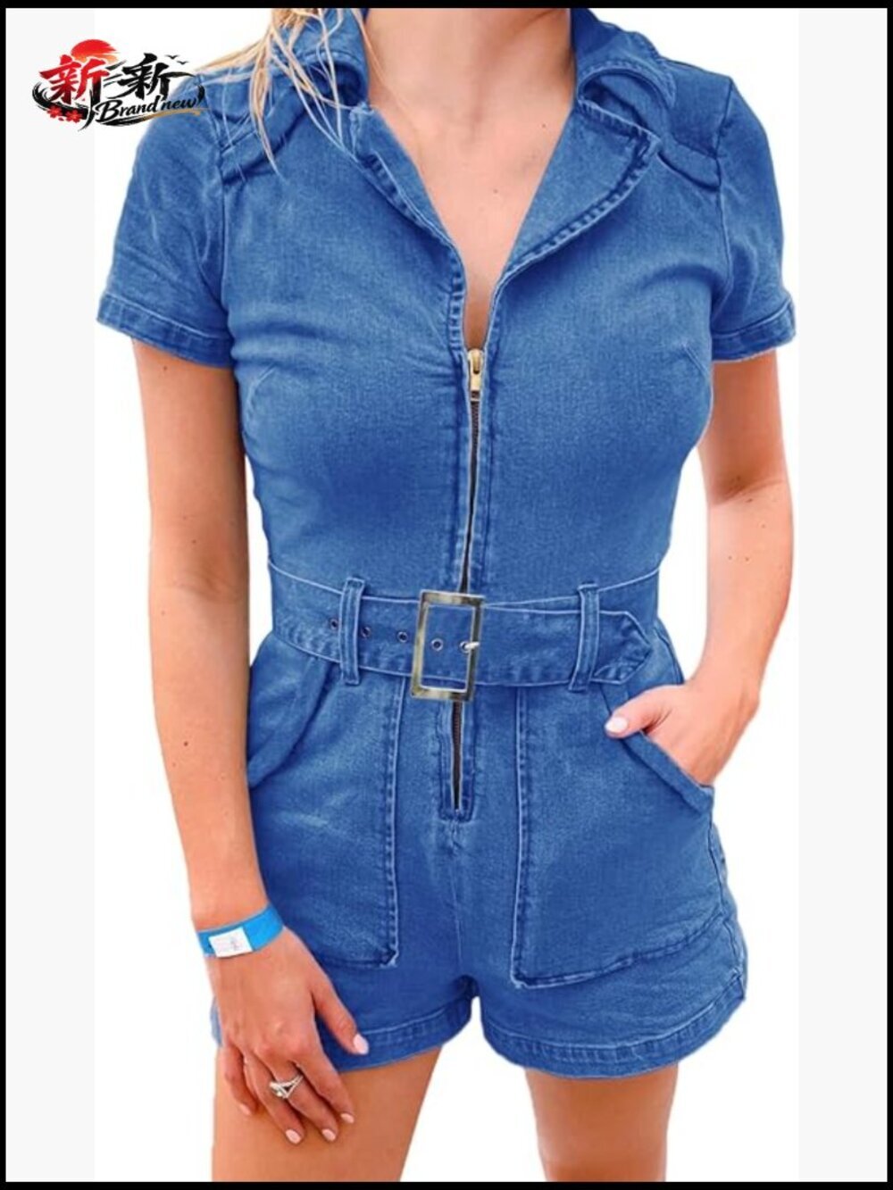 Denim Romper with Zip Front, Belt, and Pockets - Short Sleeve Jumpsuit